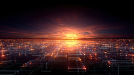 Poster - Glowing digital landscape at sunset network connection technology