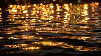 Poster - Golden water reflections abstract dark liquid background with lights