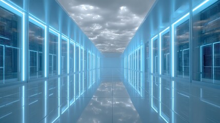 Poster - Futuristic server room corridor with neon lights and cloud sky reflection
