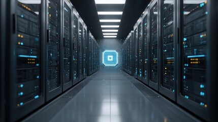 Poster - Futuristic server room digital microprocessor and network technology