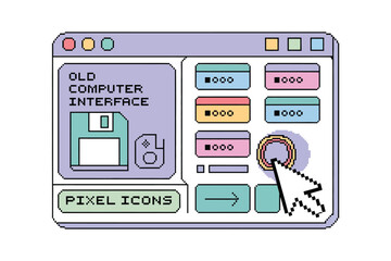 Fototapete - Pixelated vintage desktop interface with cursor pointing to an application button for a nostalgic computer look.