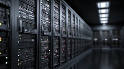 Poster - Dark gray server racks in modern data center technology background