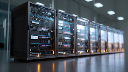 Poster - Sleek servers row glowing data center technology concept