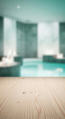 Poster - Light beige wood surface, showcasing a clean, smooth texture against a blurred teal swimming pool background, ideal for product display or advertisement