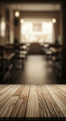 Poster - Wooden table surface, showcasing texture and grain, against a blurred background of an indoor space, ideal for product placement or advertisement