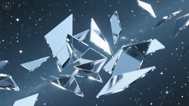 Abstract shards of glass float against a backdrop of twinkling stars, creating a modern and dreamy atmosphere with geometric reflections