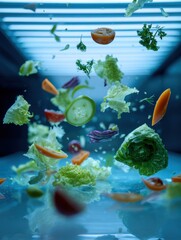 Poster - Ingredients of a Salad Floating in Mid-Air With a Futuristic Aesthetic in a Clean Setting