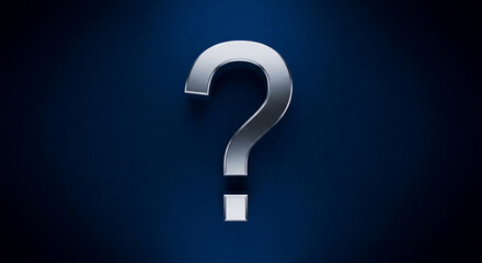 Fototapete - Metallic silver question mark on dark blue background, signifying inquiry, uncertainty, or a need for information, suitable for websites or presentations