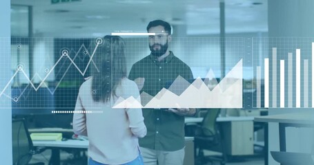 Poster - Business colleagues holding laptop presenting line graph morphing into area chart bars on world map