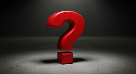 Fototapete - Red question mark on dark gray surface, spotlight effect. Represents inquiry, uncertainty, and the search for answers.  Free space for text