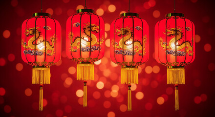 Poster - Four red Chinese lanterns with golden dragon designs hang against a red bokeh background, symbolizing luck, prosperity, and celebration during Lunar New Year