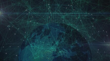 Poster - Earth emerging initiating glowing nodes tracing teal mesh showing connections intensifying, pulsing