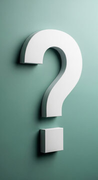 White question mark against teal background, 3D rendered, simple, clean design, symbolizes inquiry, uncertainty, or FAQ concept