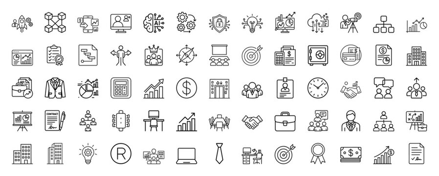 Corporate business icons set in a minimalist line art style, in black and white, representing finance, strategy, and teamwork for web and presentation design