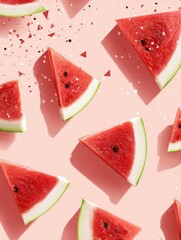 Poster - Slices of Watermelon Arranged in a Geometric Pattern With a Clear Space on the Right Side for Design Purposes