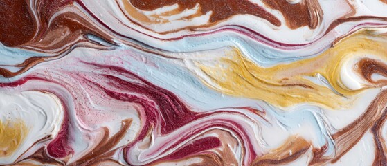 Poster - Abstract fluid art background with brown, red, gold, and blue swirls Modern marble texture with decorative acrylic paint for creative design and artistic concept