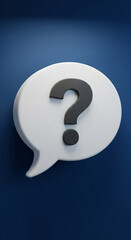 Fototapete - White speech bubble on blue background, featuring a dark gray question mark Its simple design symbolizes inquiry, question, help, or FAQ section