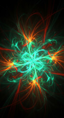 Aufkleber - Abstract image with teal, orange, and red fractal lines forming a symmetrical pattern on black background, showcasing energy, dynamism, and cosmic themes