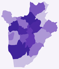 Poster - Map of Burundi with regions. Just a simple country border map with region division. Deep purple color palette. Plain Republic of Burundi shape with administrative division. Vector illustration.