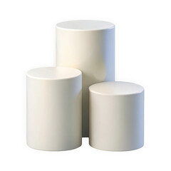 Three off white cylindrical pedestals of varying heights arranged together isolated on transparent background