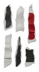 Poster - Irregularly torn paper pieces, grey, white, and red, showcasing blank spaces for text or images, symbolizing creativity, messaging, or collage design