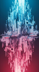 Aufkleber - Abstract digital art depicting a cityscape with blue and pink fragmented blocks, creating a glitching effect, symbolizing technological disruption or a futuristic urban scene