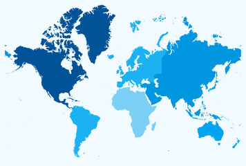 Poster - Map of World. Just a simple border map with continent division. Light blue color palette. Blank map with administrative division. Vector illustration.