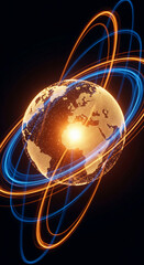 Poster - Glowing orange and blue light trails orbit a digital Earth, symbolizing global connection and technological advancement, ideal for tech or communication concepts