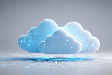 Poster - 3D blue cloud icon on a white background with circuit board elements, white background, 2D illustration style, simple design, flat color blocks, clean lines, digital art Generative AI