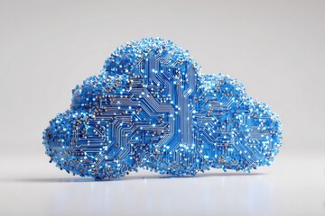 Poster - 3D render of a blue cloud icon on a white background with circuit board elements symbolizes the idea that all digital data is associated with and stored in clouds a futuristic technology Generative AI