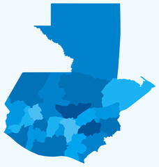 Poster - Map of Guatemala with regions. Just a simple country border map with region division. Light blue color palette. Blank Guatemala shape with administrative division. Vector illustration.