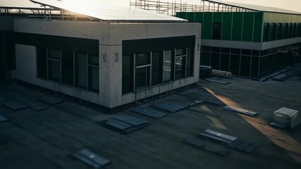 Poster - Modern industrial buildings using sustainable energy solutions with solar panels being installed on their rooftops at sunset, promoting renewable energy and eco friendly practices