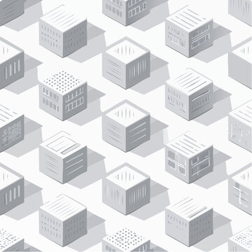 Isometric illustration of a repeating pattern of stylized city buildings, rendered in grayscale.