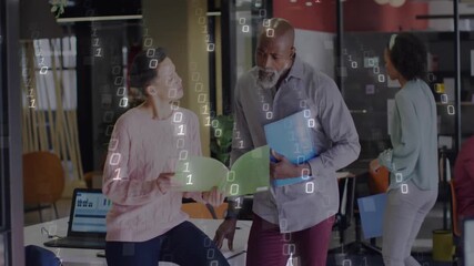 Poster - Woman opening green folder and man reading blue folder during business review with chart animation