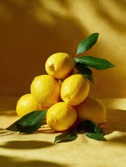 Poster - Lemons Stacked With Vibrant Leaves Under Warm Golden Lighting Against a Minimal Backdrop