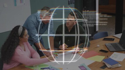 Poster - Team exchanging markers and sketching design, holographic globe animating above in business meeting