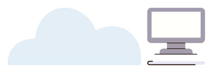 Poster - Large cloud shape next to a desktop monitor placed atop a book, symbolizing cloud-based computing, online data storage, and knowledge access. Ideal for technology, innovation, education, remote work