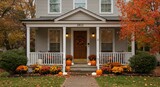 A house decorated for autumn with pumpkins, mums, and a wreath on the door. Fall foliage is visible in the trees.