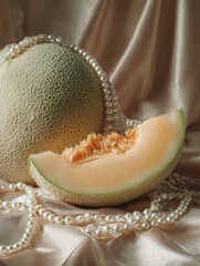 Poster - Soft Color Still Life Featuring Cantaloupe and Pearls on a Silk Surface With an Elegant, Conceptual Style and an Unoccupied Upper Area