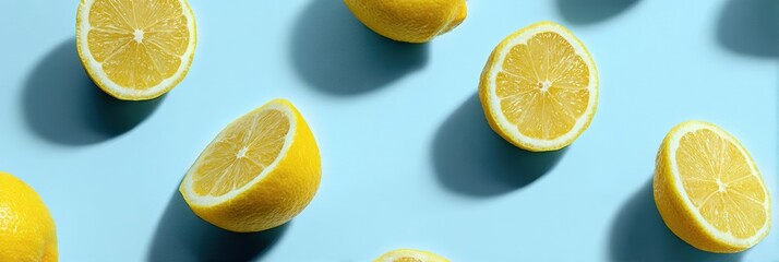 Poster - Lemon Wedges Scattered on a Soft Blue Backdrop Create a Fresh and Vibrant Atmosphere Perfect for Culinary Inspiration or Refreshing Beverages