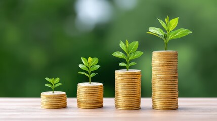 Poster - A money investment concept, coins with plant growth in gradient sunlight for future financial planning, for Advertise, for banner, with copy space