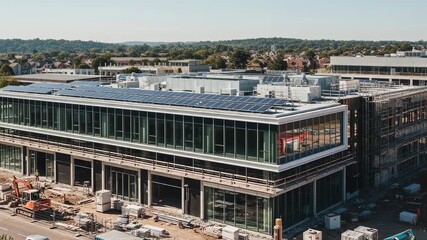 Poster - Construction workers are building a modern office building with solar panels on the roof, showcasing sustainable development in an urban environment with other buildings and trees in the background