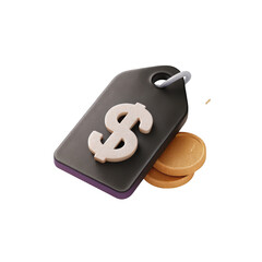 Poster - 3d render of a price tag with a dollar symbol and stack of coins on black background