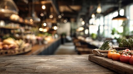 Poster - Stylized Farm-To-Table Setting Showcasing Fresh Produce With a Blurred Background of a Rustic Dining Area