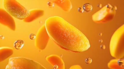 Poster - Floating Mango Slices Cast Realistic Shadows Against a Clean Bright Background Creating an Appetizing and Vibrant Atmosphere