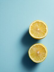 Poster - Fresh Lemon Halves on a Clean Blue Backdrop With Soft Lighting Creating a Minimalistic and Refreshing Look for Culinary Inspiration and Decoration