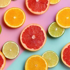 Poster - Vibrant Citrus Fruits in a Geometric Arrangement on a Soft Pastel Background Creating a Refreshing Visual Display
