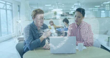 Poster - Man lifting mug, woman pointing laptop keyboard and scanning page for chat behind office glass wall