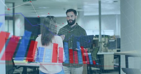 Poster - Man opening laptop showing business red bar and blue line charts, woman questioning trends