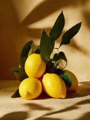 Poster - Lemons and Fresh Green Leaves Basking in Warm Golden Light Create a Serene Atmosphere in a Cozy Setting Perfect for a Relaxing Moment